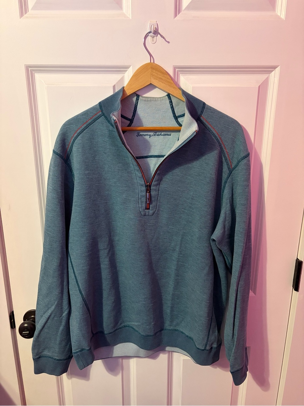 Tommy Bahama Men's Seafoam Green Reversible Quarter-Zip Sweater- estimated XL